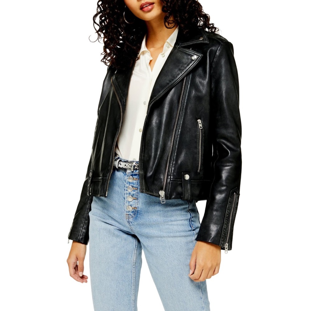 Topshop Mona Leather Biker Jacket Black - Picture 2 of 7